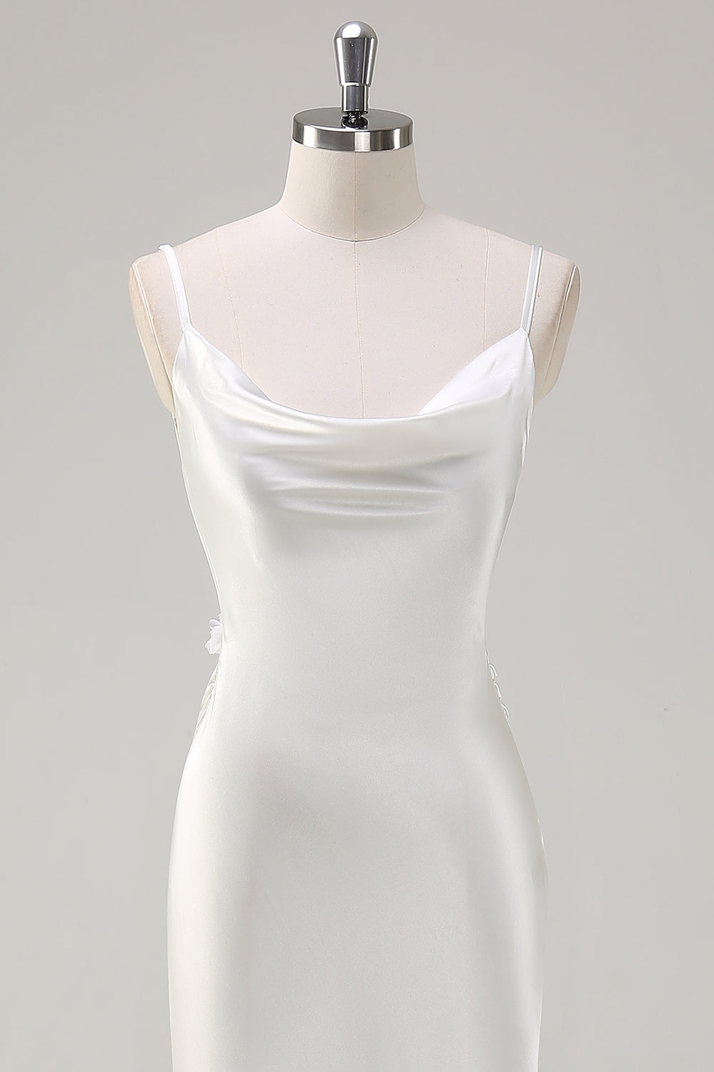 White Satin Cowl Neck Backless Prom Dress