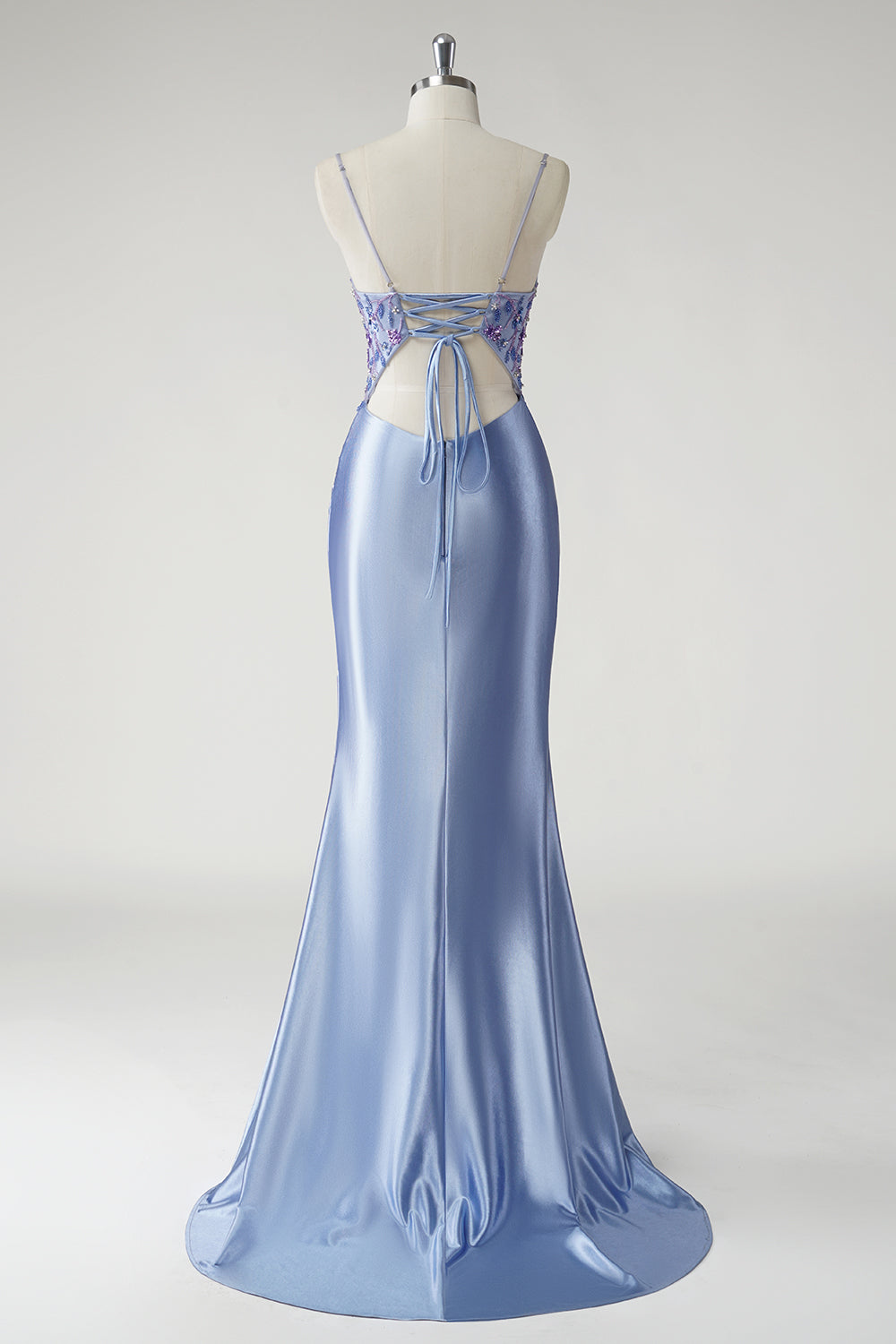 Sparkly Blue Mermaid Satin Floral Long Prom Dress with Slit