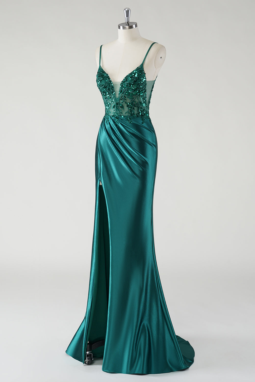 Sparkly Dark Green Spaghetti Straps Mermaid Prom Dress with Slit