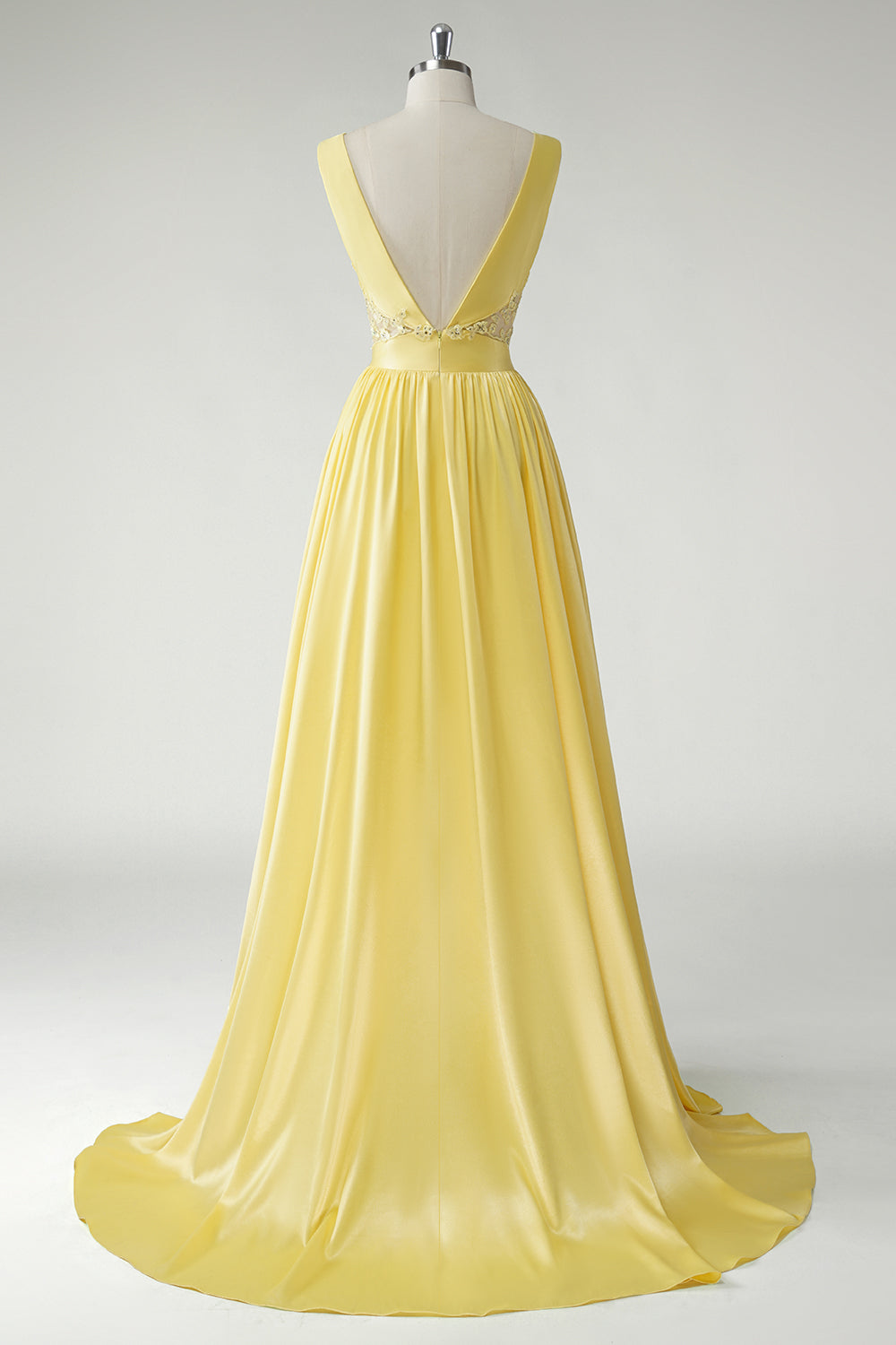 Yellow A Line Deep V-Neck Long Prom Dress