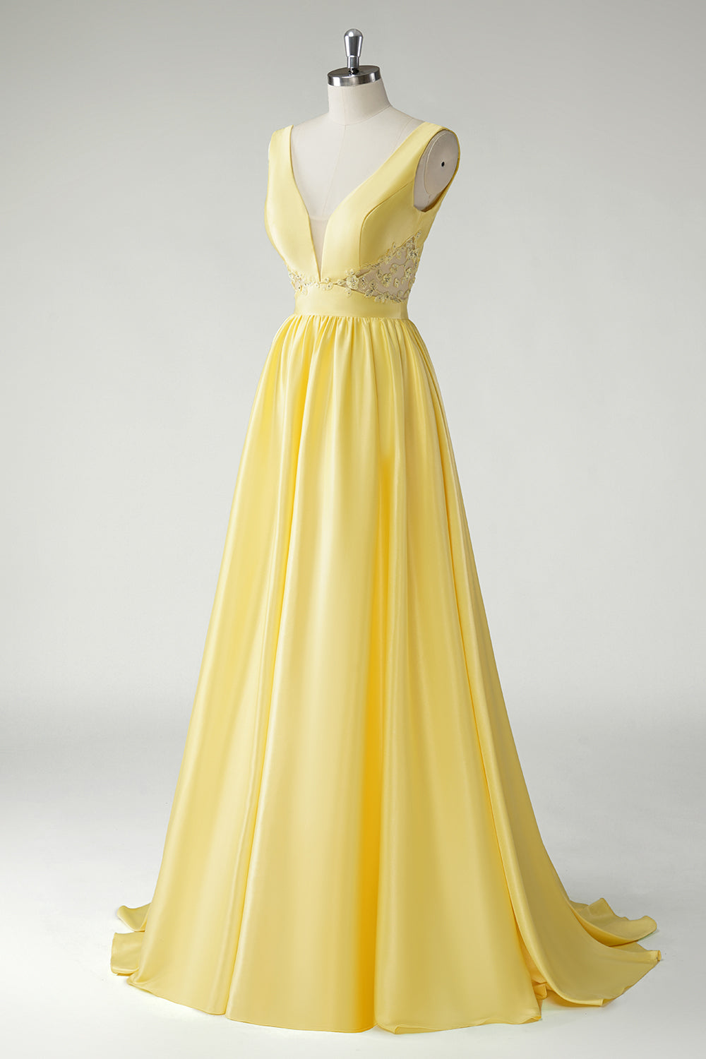 Yellow A Line Deep V-Neck Long Prom Dress