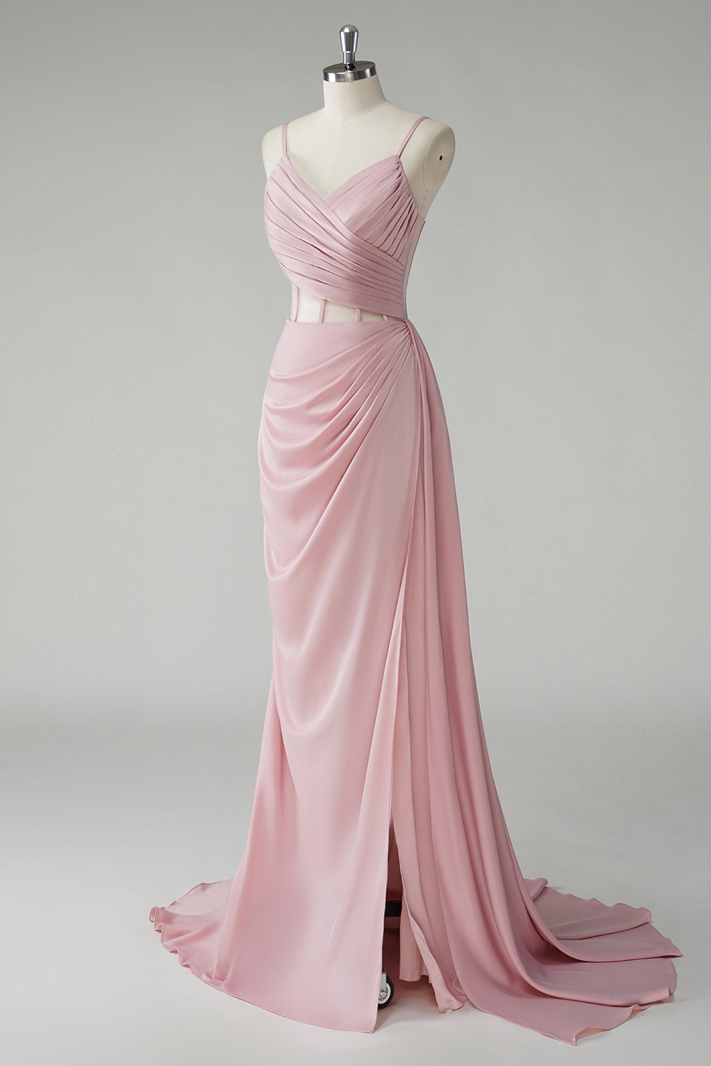 Blush Spaghetti Straps Corset Pleated Sheath Long Prom Dress