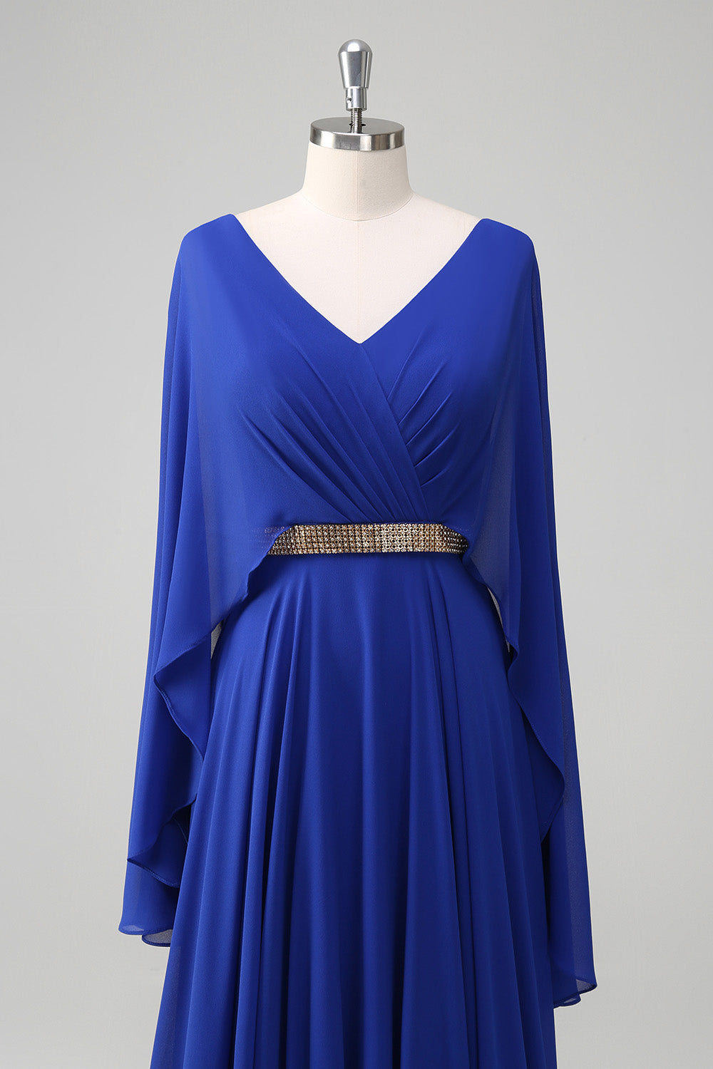 Royal Blue A-Line Beaded Chiffon Mother Dress with Cape