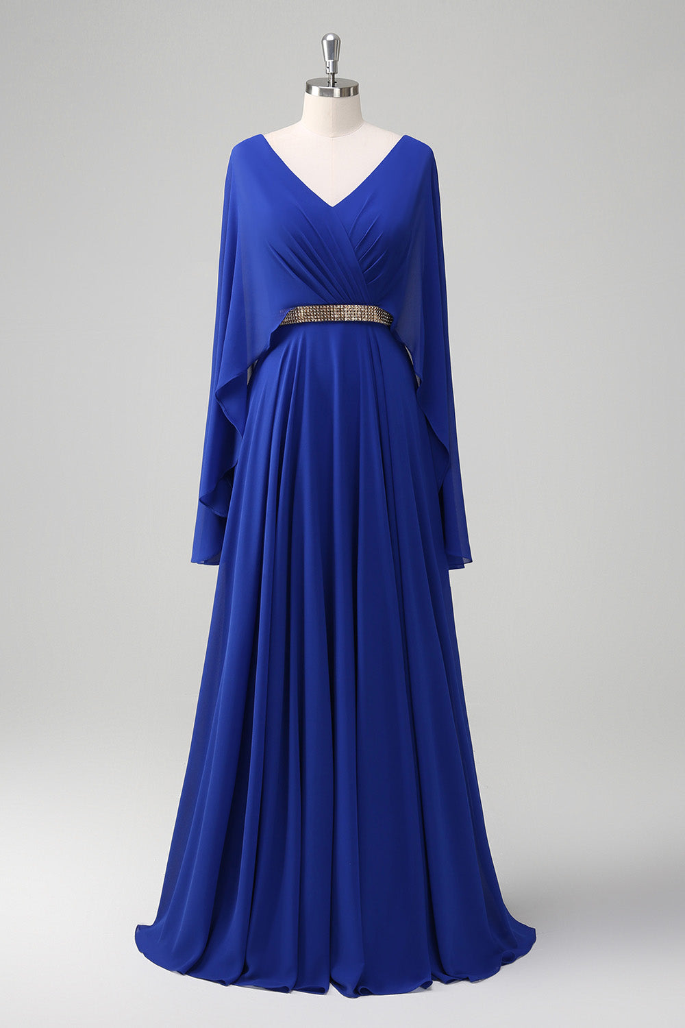 Royal Blue A Line V-neck Chiffon Long Mother Dress with Belt