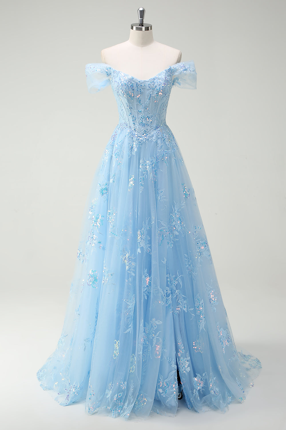 Sparkly Sky Blue Off The Shoulder A-Line Prom Dress with Slit