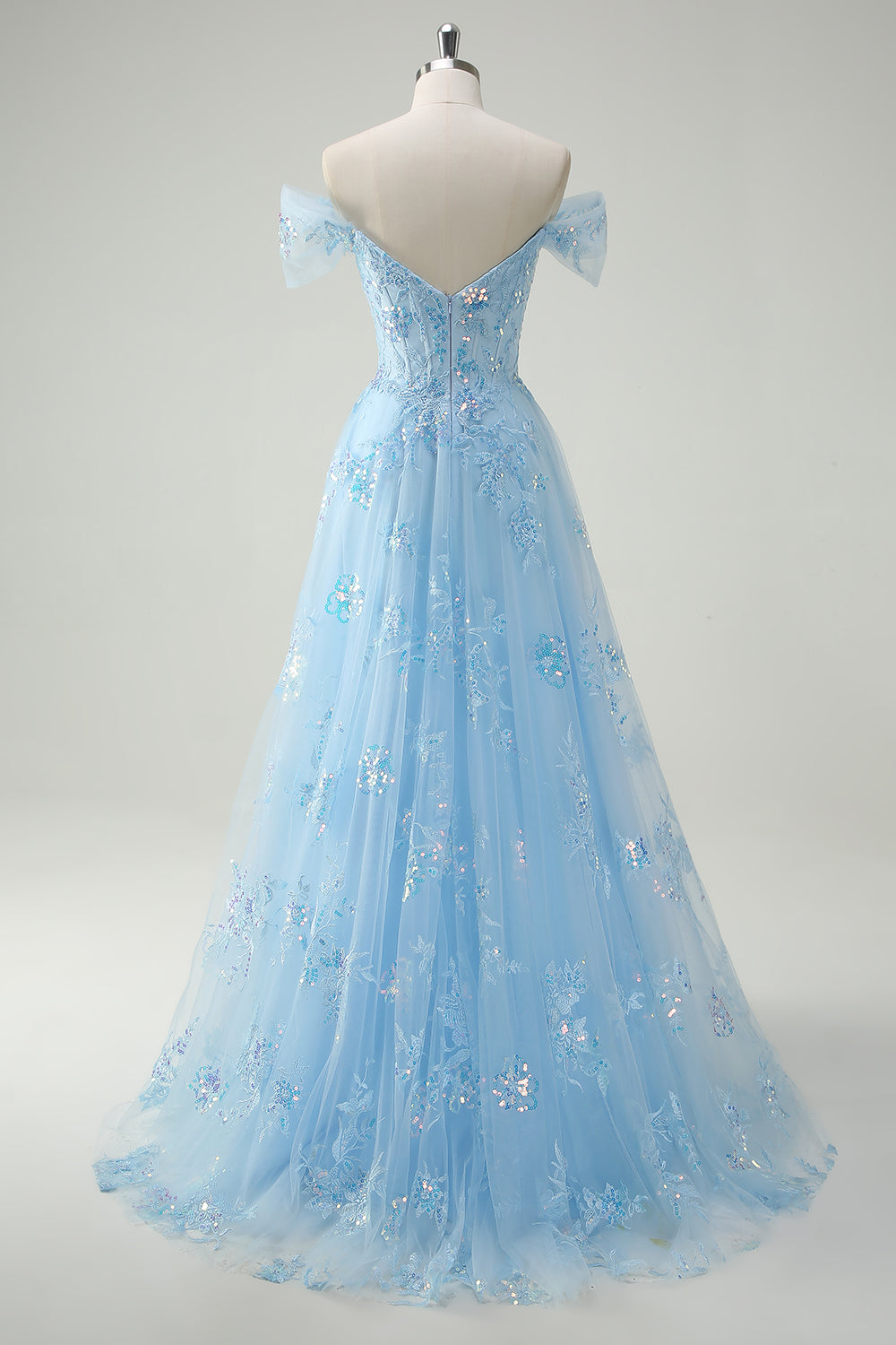 Sparkly Sky Blue Off The Shoulder A-Line Prom Dress with Slit