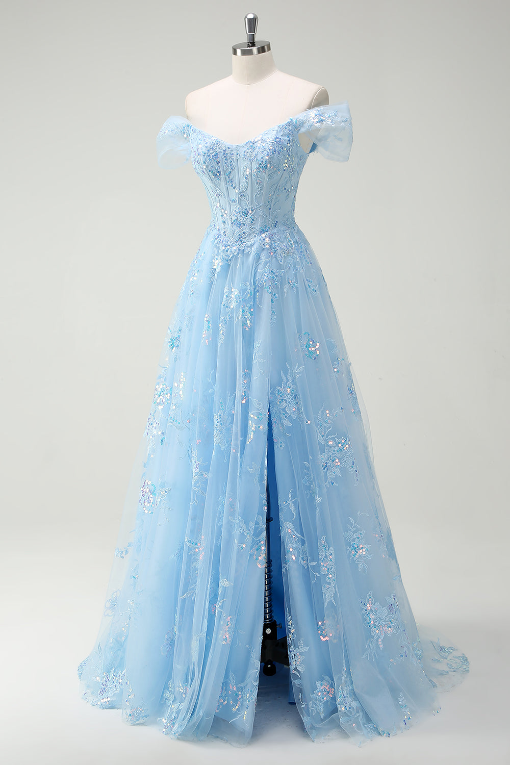 Sparkly Sky Blue Off The Shoulder A-Line Prom Dress with Slit