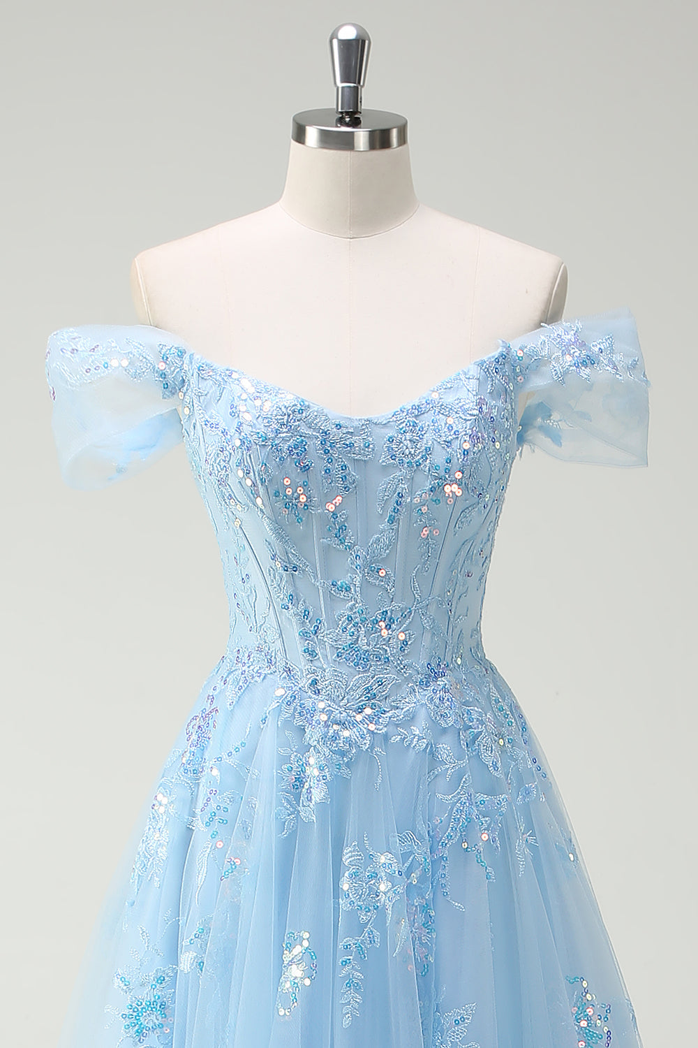 Sparkly Sky Blue Off The Shoulder A-Line Prom Dress with Slit