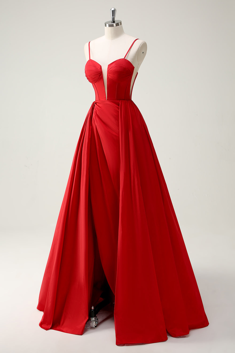 Red Ball-Gown Spaghetti Straps Lace Up Back Long Prom Dress with Slit