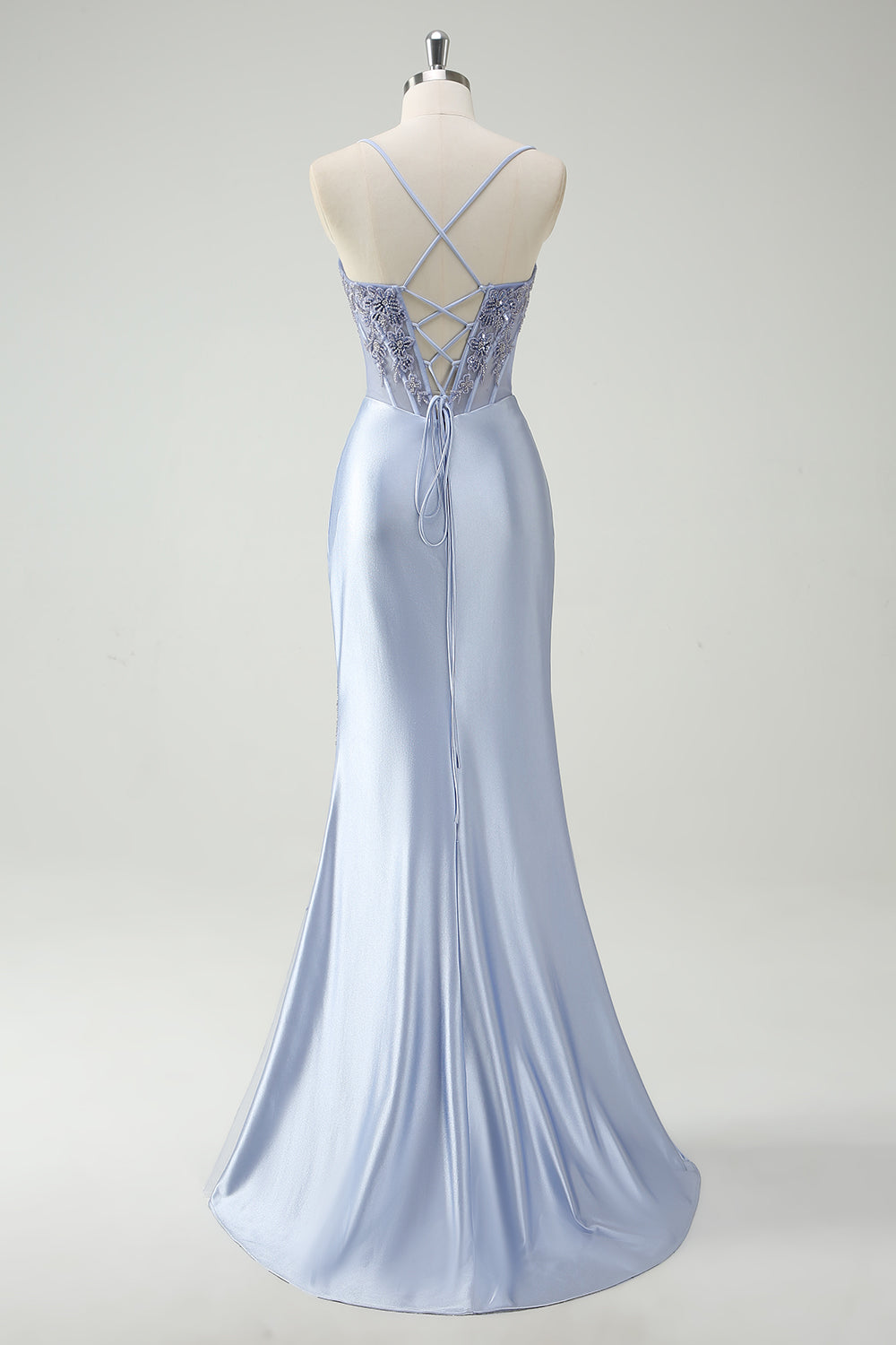 Light Blue Mermaid Appliqued Long Prom Dress with Slit