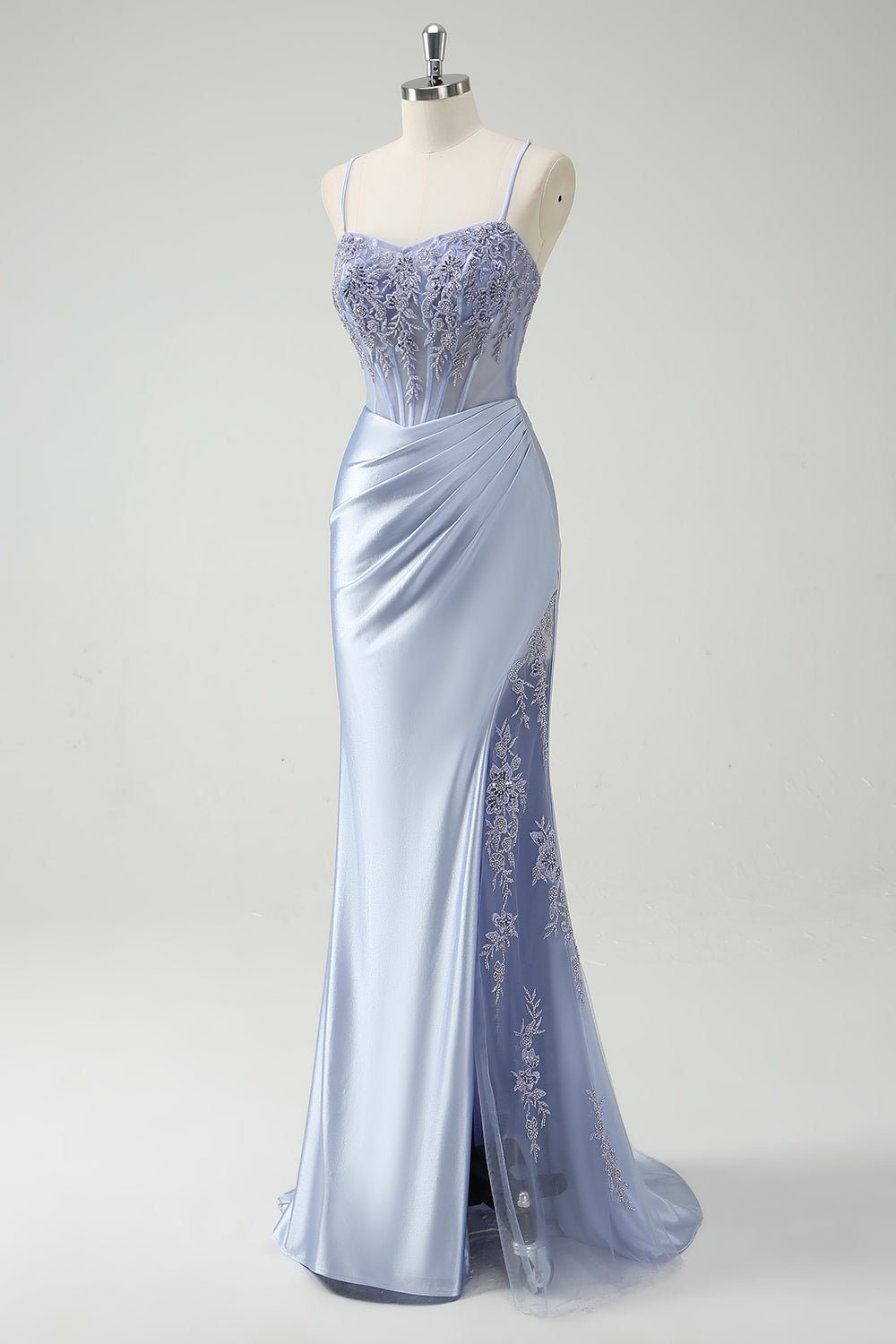 Light Blue Mermaid Appliqued Long Prom Dress with Slit