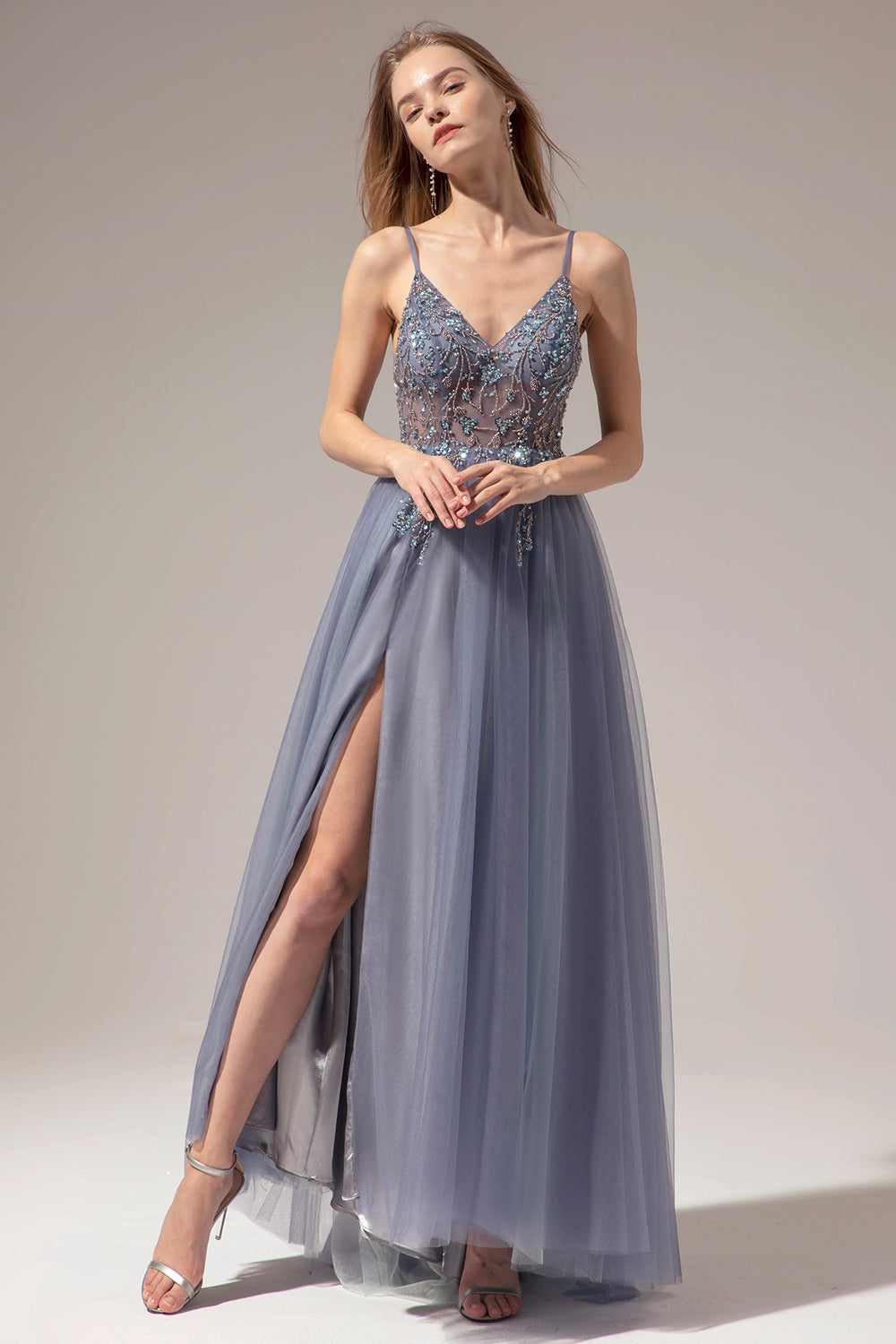 Grey Blue A Line Spaghetti Straps Long Prom Dress With Slit