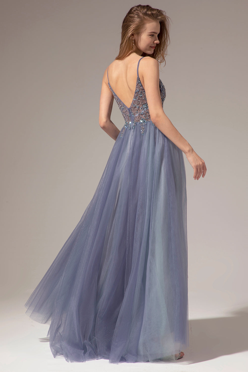 Grey Blue A Line Spaghetti Straps Long Prom Dress With Slit