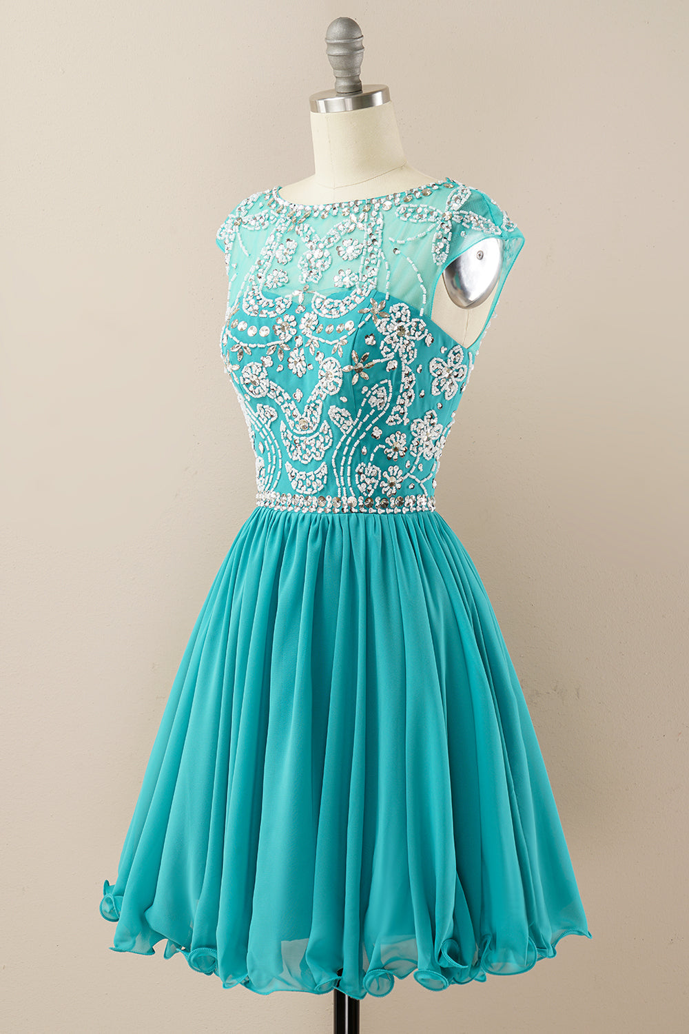 Turquoise Beaded Sleeveless Homecoming Dress