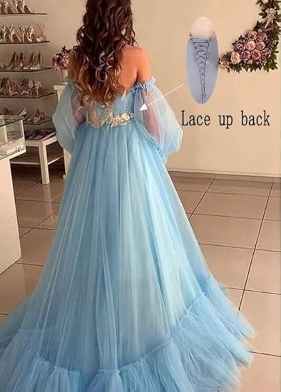Amazing Off-the-shoulder Long Sleeves Beaded Appliqued Slit Tulle Prom Dresses