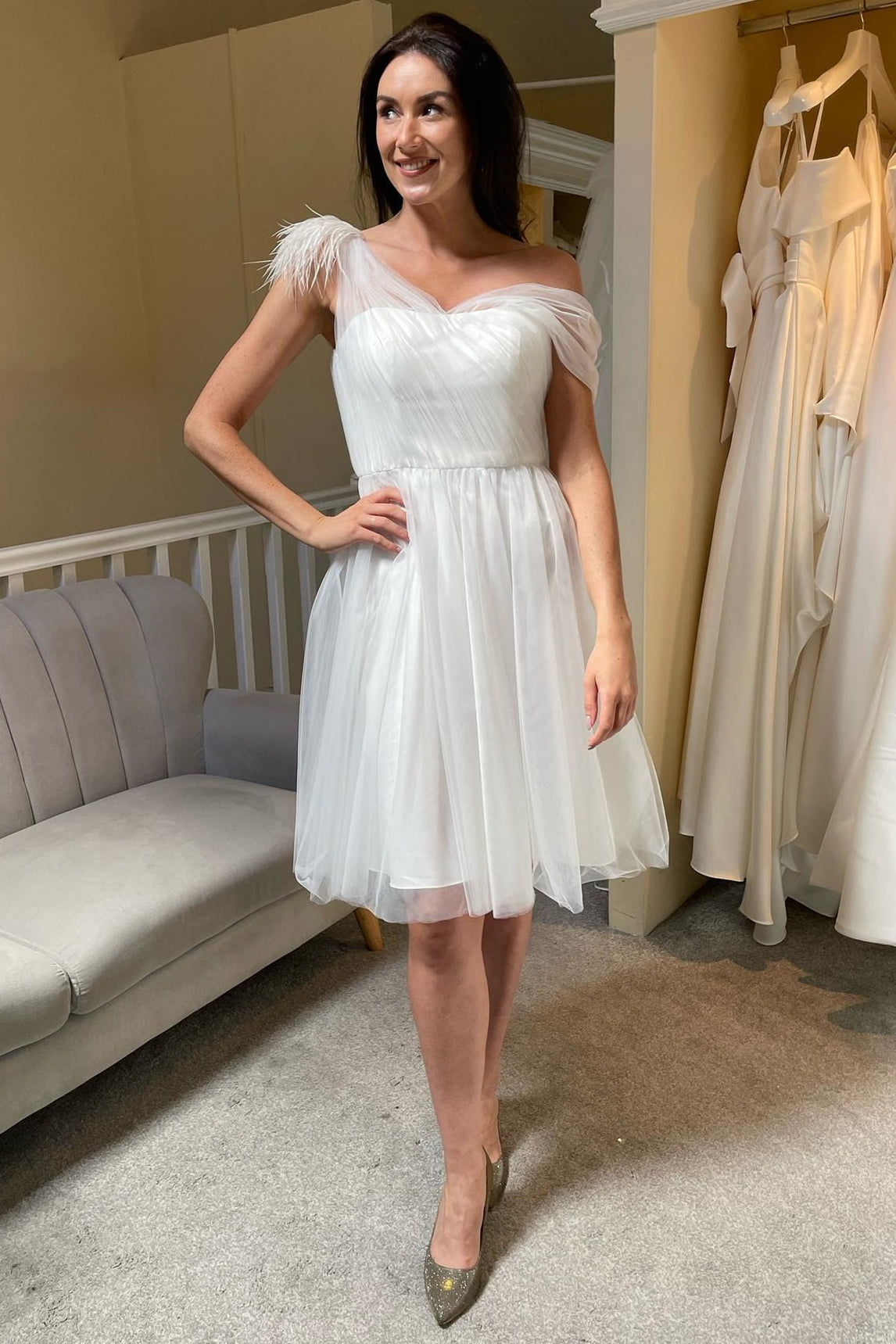 Asymmetrical Tulle A-Line Knee-Length Wedding Dress