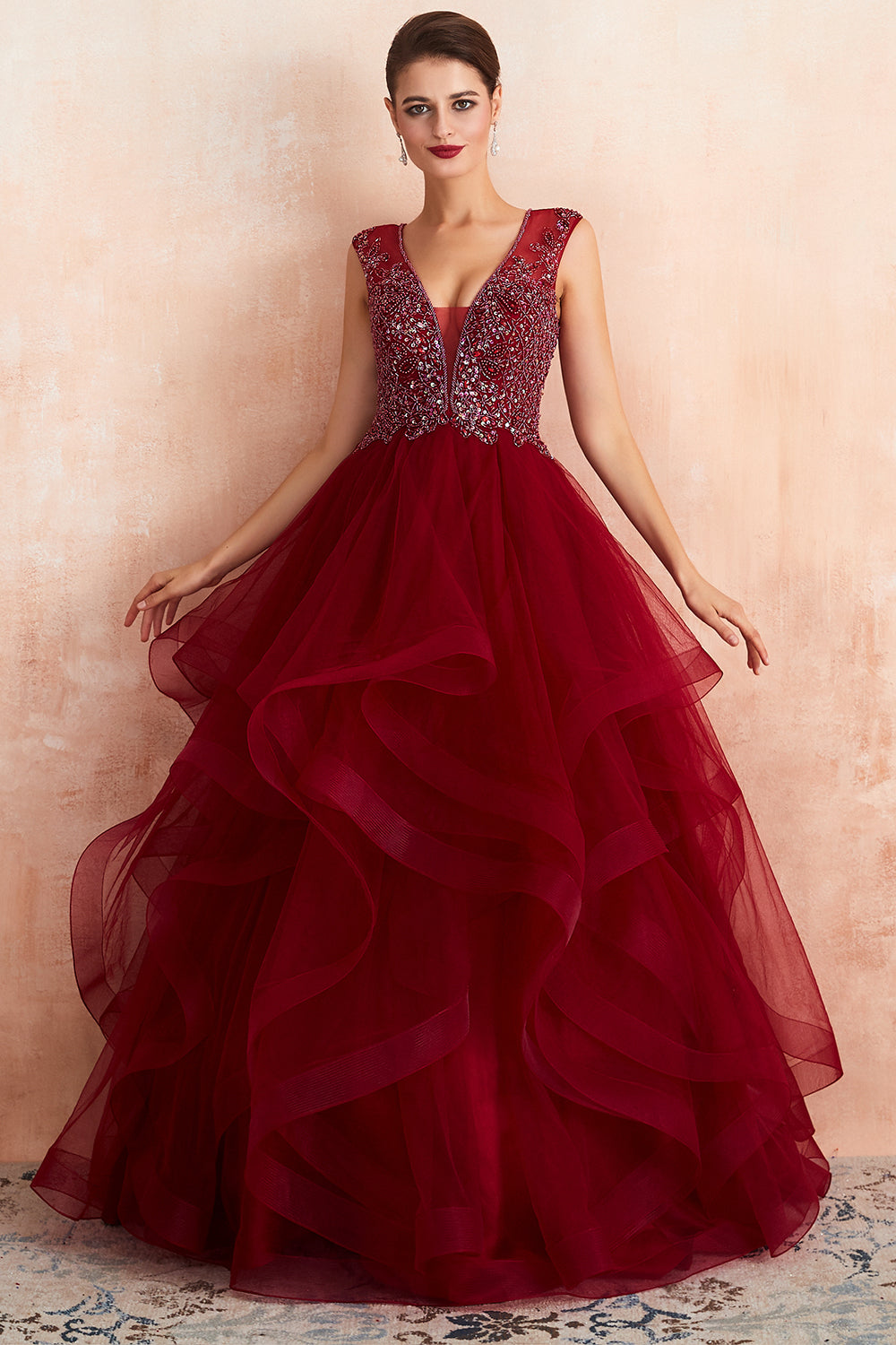 Burgundy Tulle Long Prom Dress