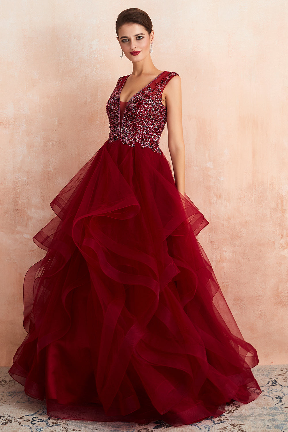 Burgundy Tulle Long Prom Dress