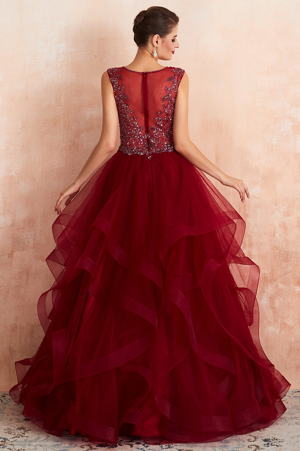 Burgundy Tulle Long Prom Dress