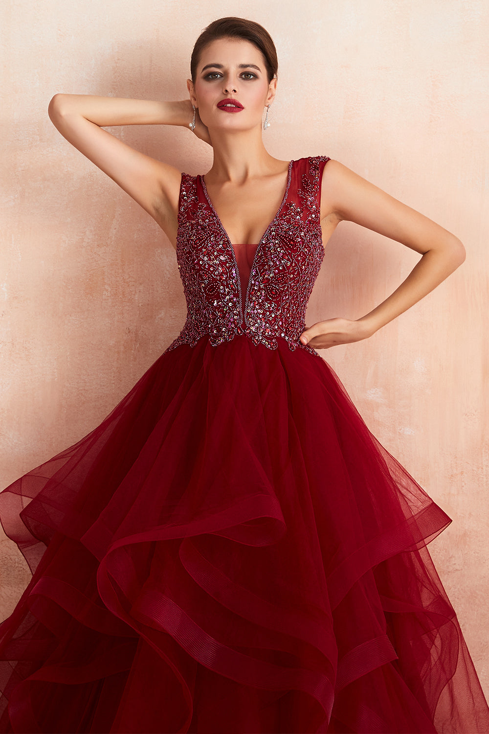 Burgundy Tulle Long Prom Dress