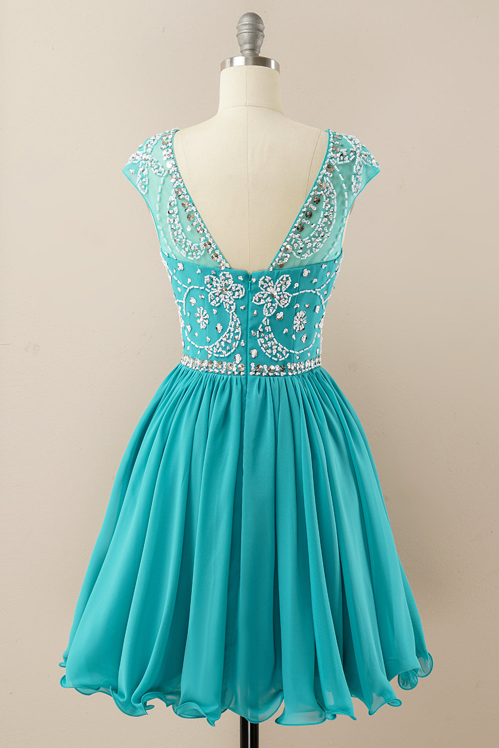 Turquoise Beaded Sleeveless Homecoming Dress