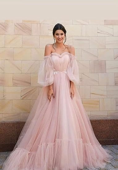 Amazing Off-the-shoulder Long Sleeves Beaded Appliqued Slit Tulle Prom Dresses