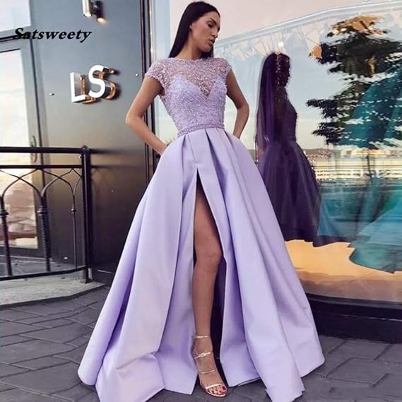 Stunning Tulle & Satin Cap Sleeves A-line Prom Dresses With Beadings PD236