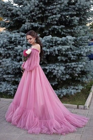 Amazing Off-the-shoulder Long Sleeves Beaded Appliqued Slit Tulle Prom Dresses