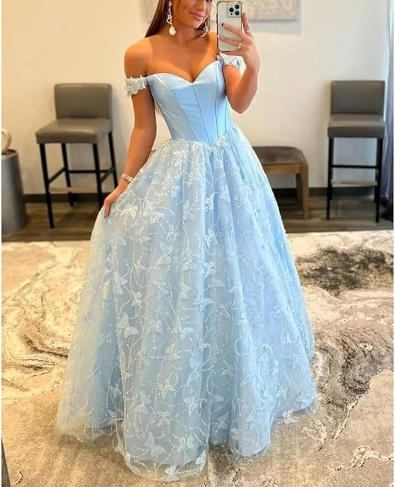 Exquisite Satin Sequins Lace Off-the-shoulder Neckline A-line Prom Dresses