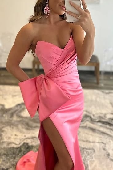 Elegant Sweetheart Neckline Sheath Bow Prom Dresses Satin Evening Gowns