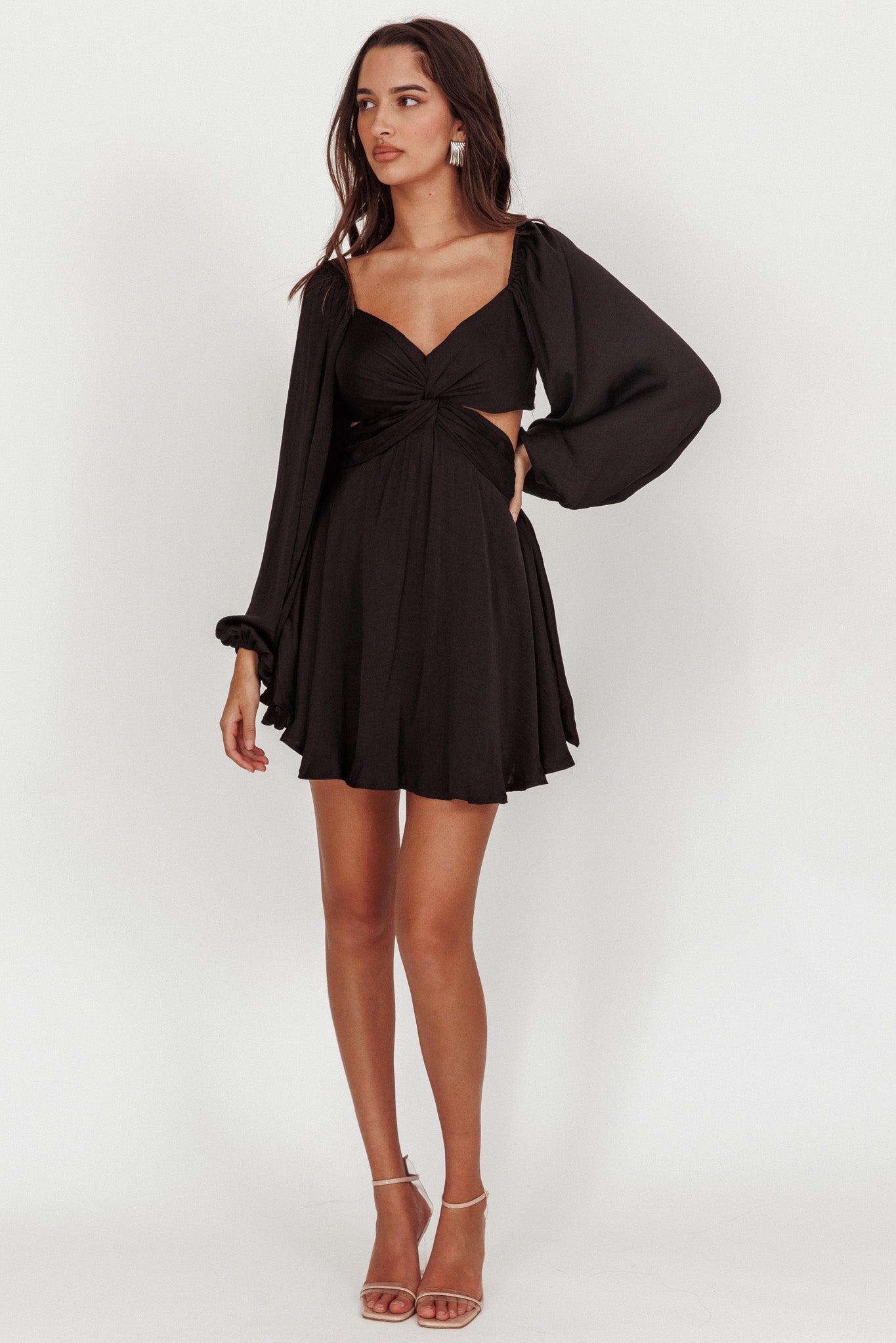 Miraya Balloon Sleeve Twist Mini Dress Black