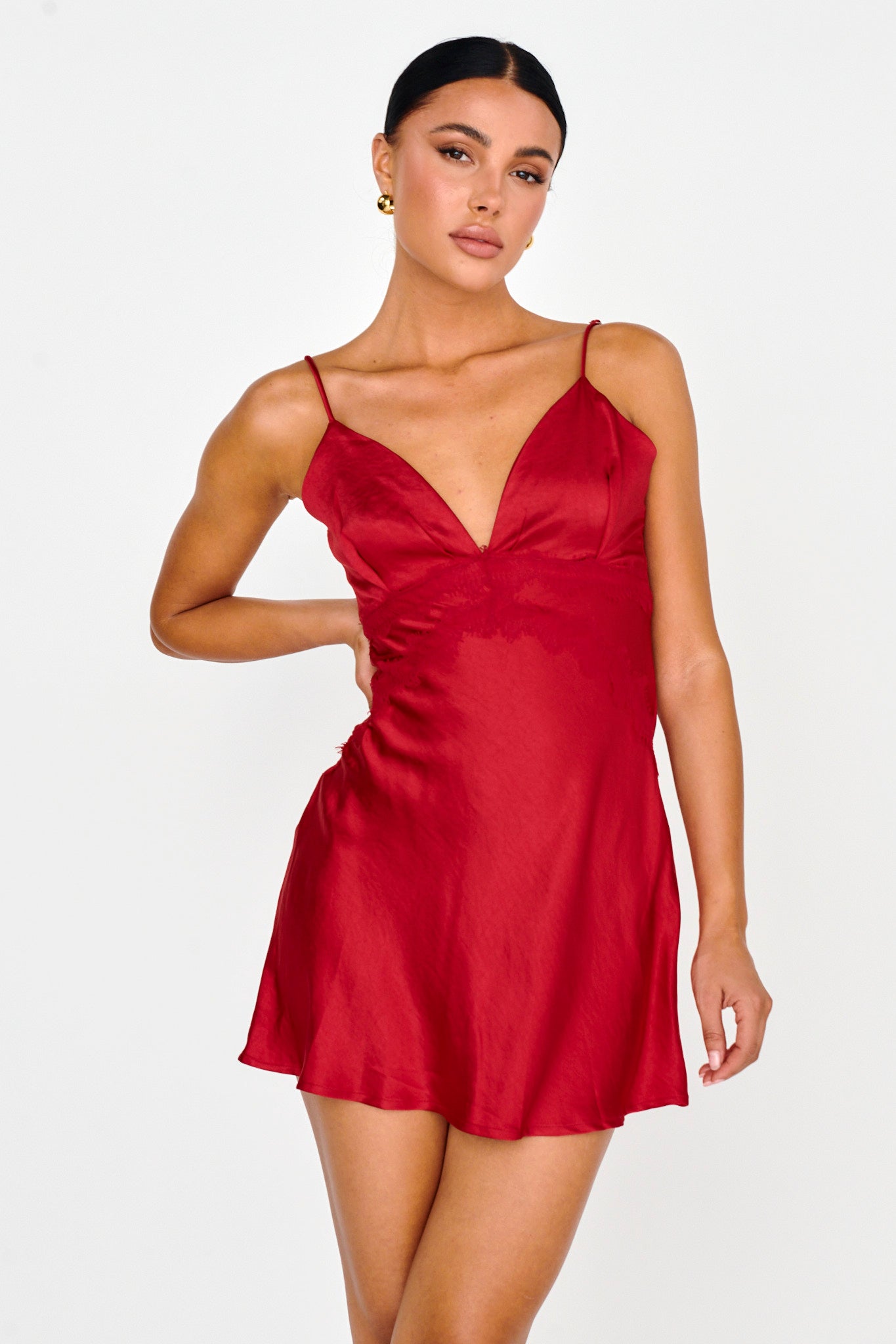 Theriz Lace Trim Cami Mini Dress Red