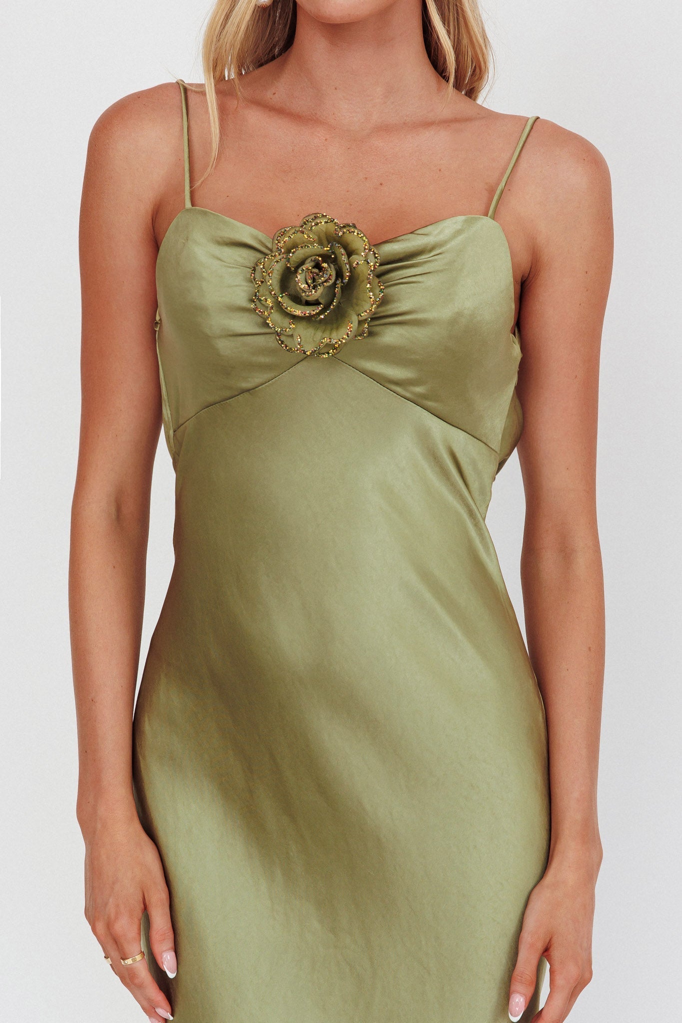 High Roller Cowl Back Rosette Maxi Dress Olive