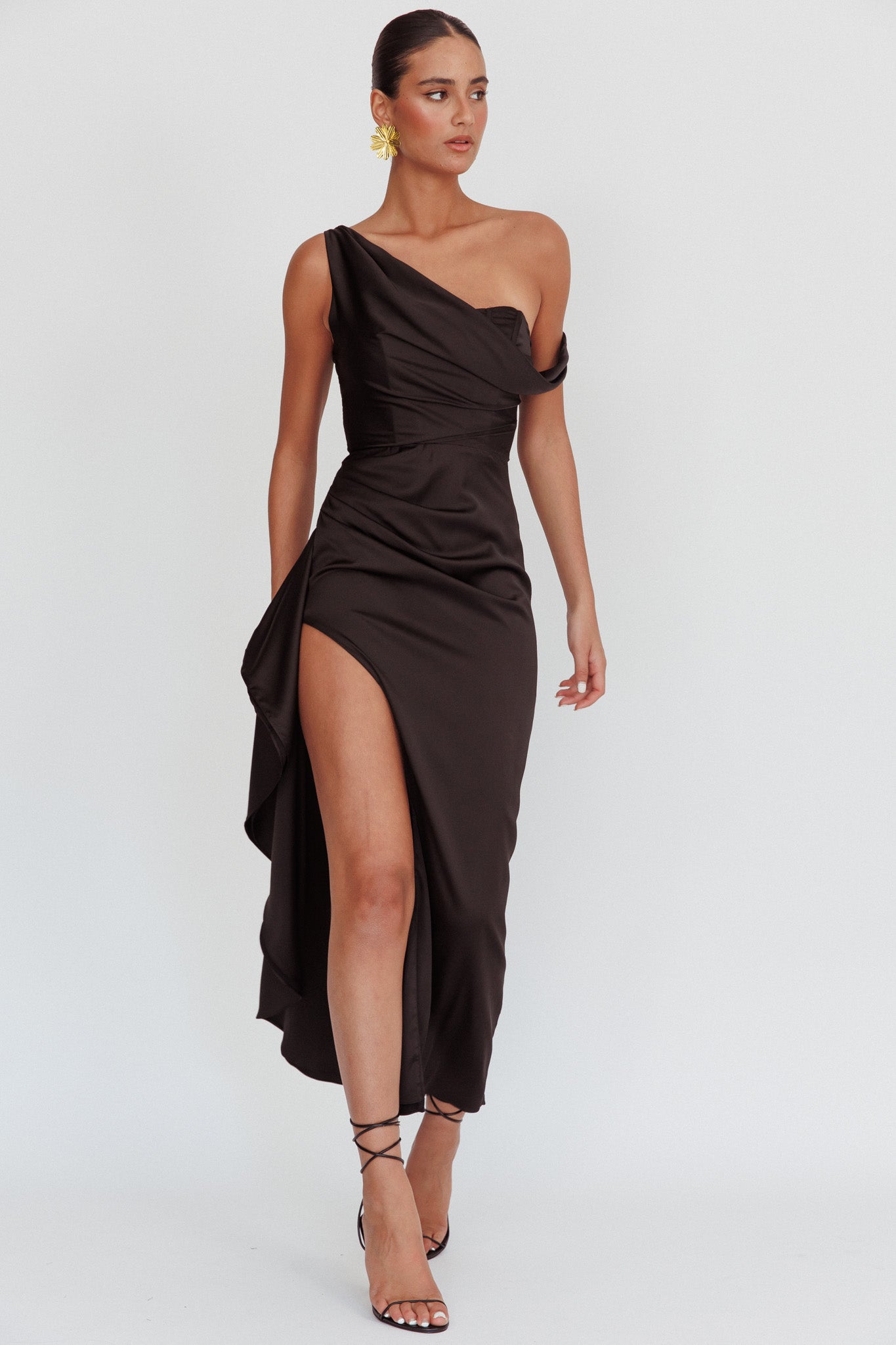 Sensations Off Shoulder Satin Maxi Dress Black