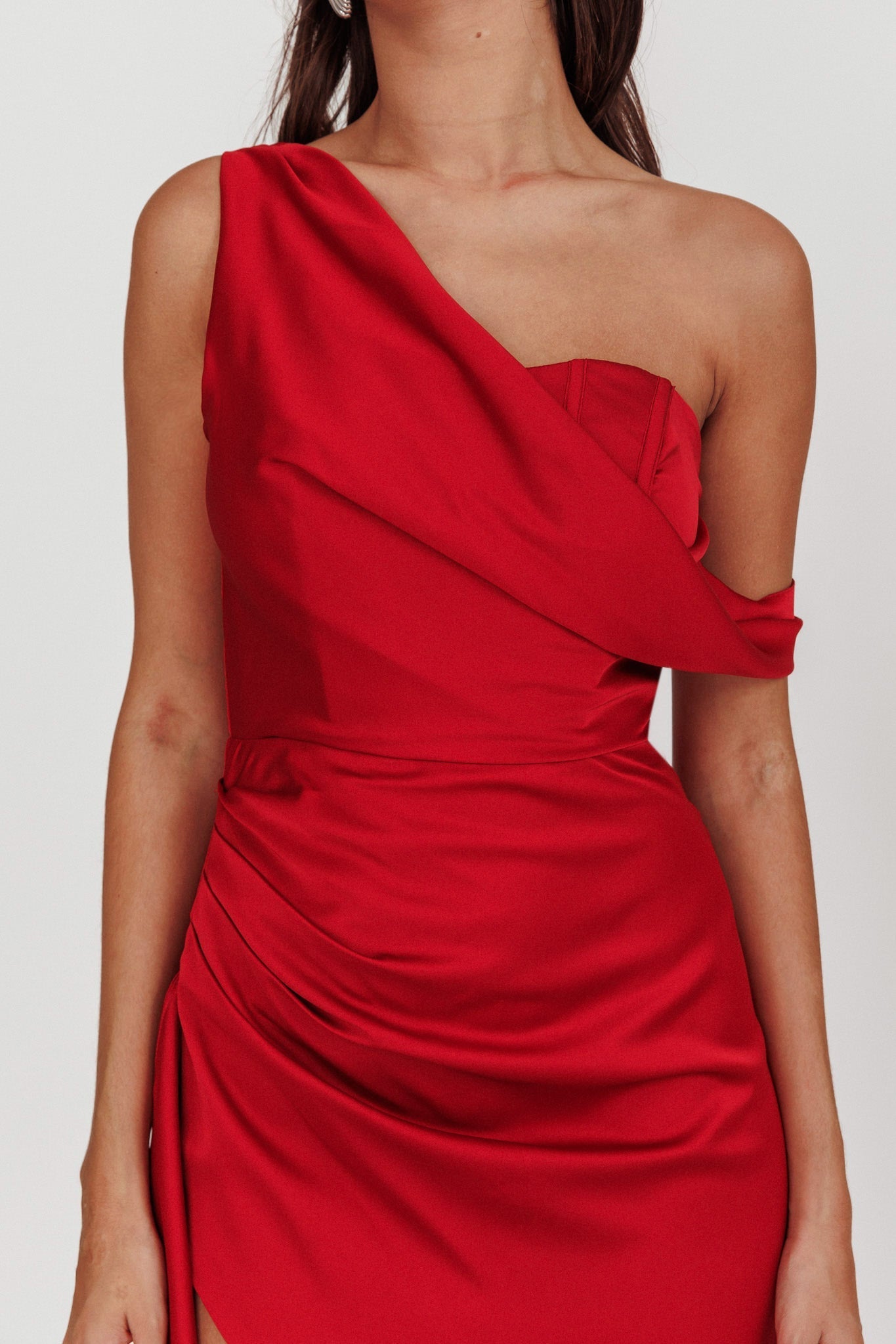 Sensations Off Shoulder Satin Maxi Dress Red