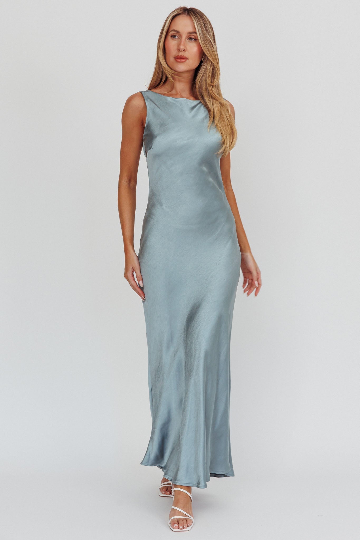 Carmine Satin Sleeveless Maxi Dress Blue