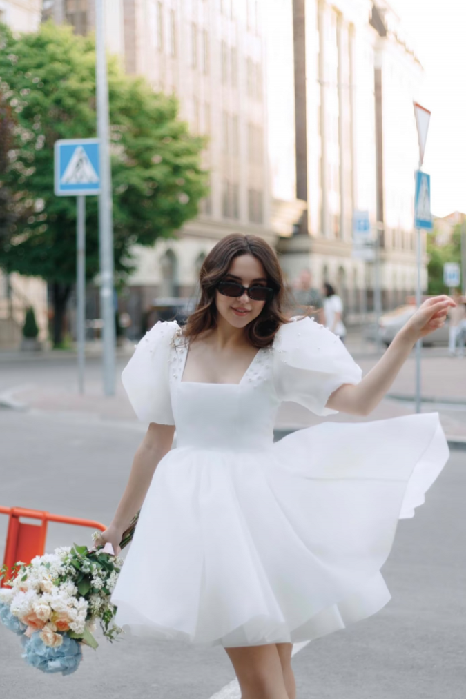 Yuna | A-Line Square-Neck Short Wedding Dress With Puffy Pearls Sleeves