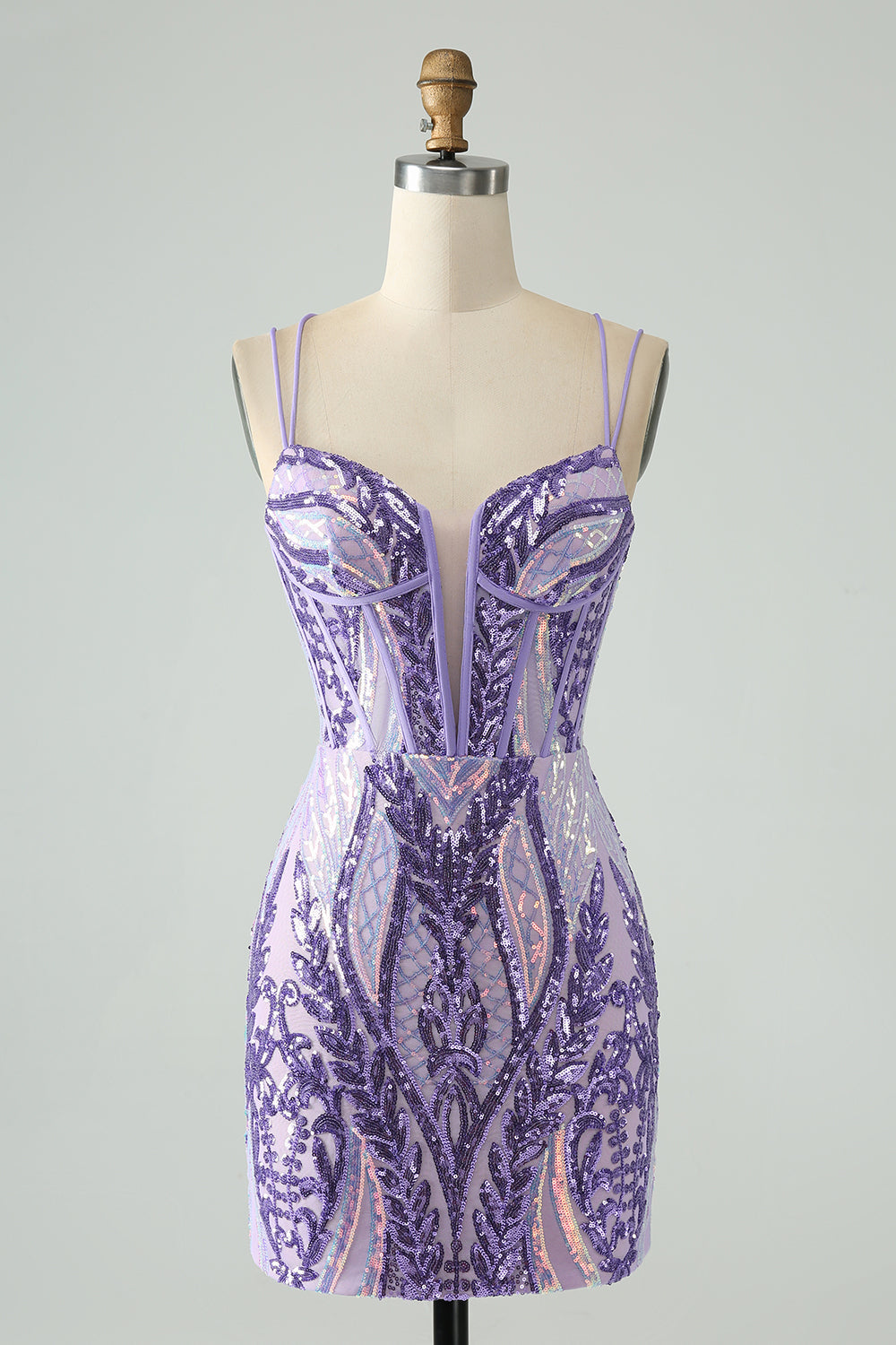 Sparkly Dark Purple Spaghetti Straps Corset Unique Homecoming Dress with Sequins