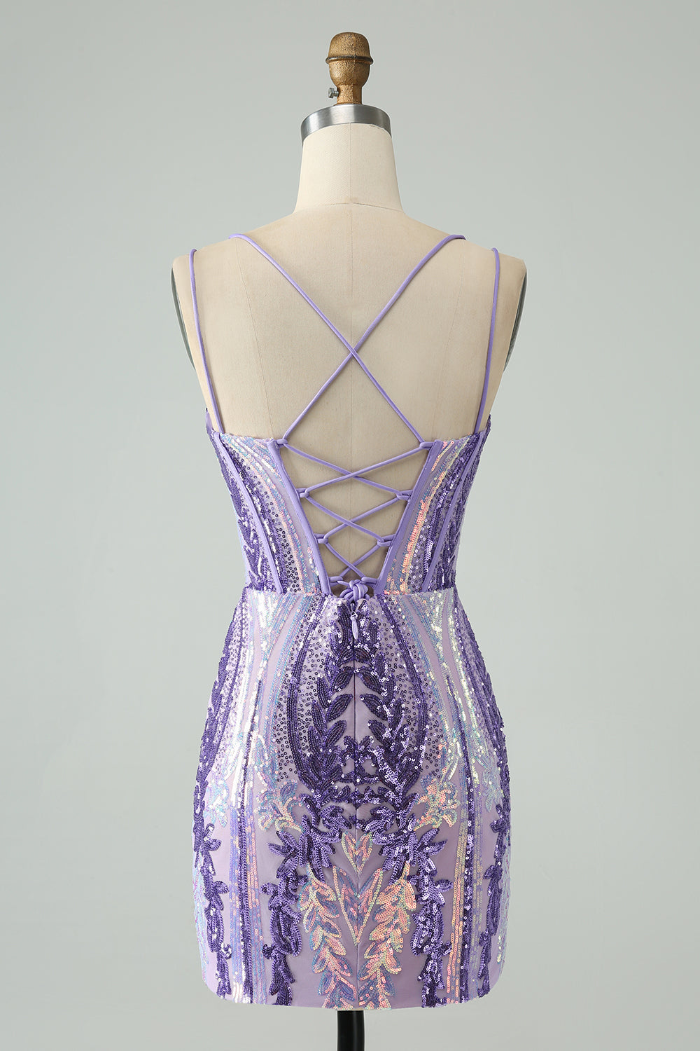 Sparkly Dark Purple Spaghetti Straps Corset Short Homecoming Dress with Sequins