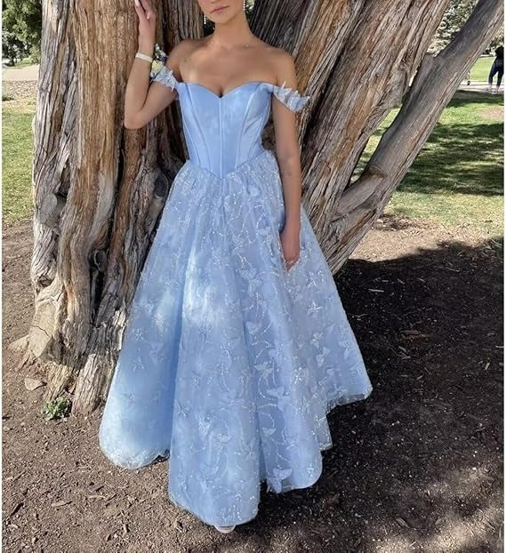 Exquisite Satin Sequins Lace Off-the-shoulder Neckline A-line Prom Dresses