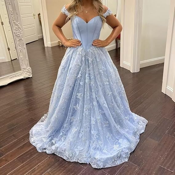 Exquisite Satin Sequins Lace Off-the-shoulder Neckline A-line Prom Dresses