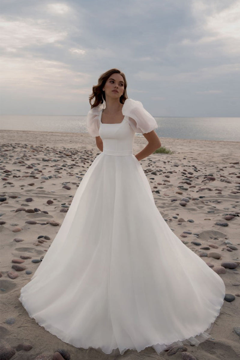 Charming A-Line Square Neck Short Sleeves Wedding Dresses with Train