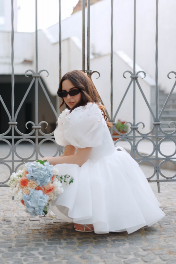 Yuna | A-Line Square-Neck Short Wedding Dress With Puffy Pearls Sleeves