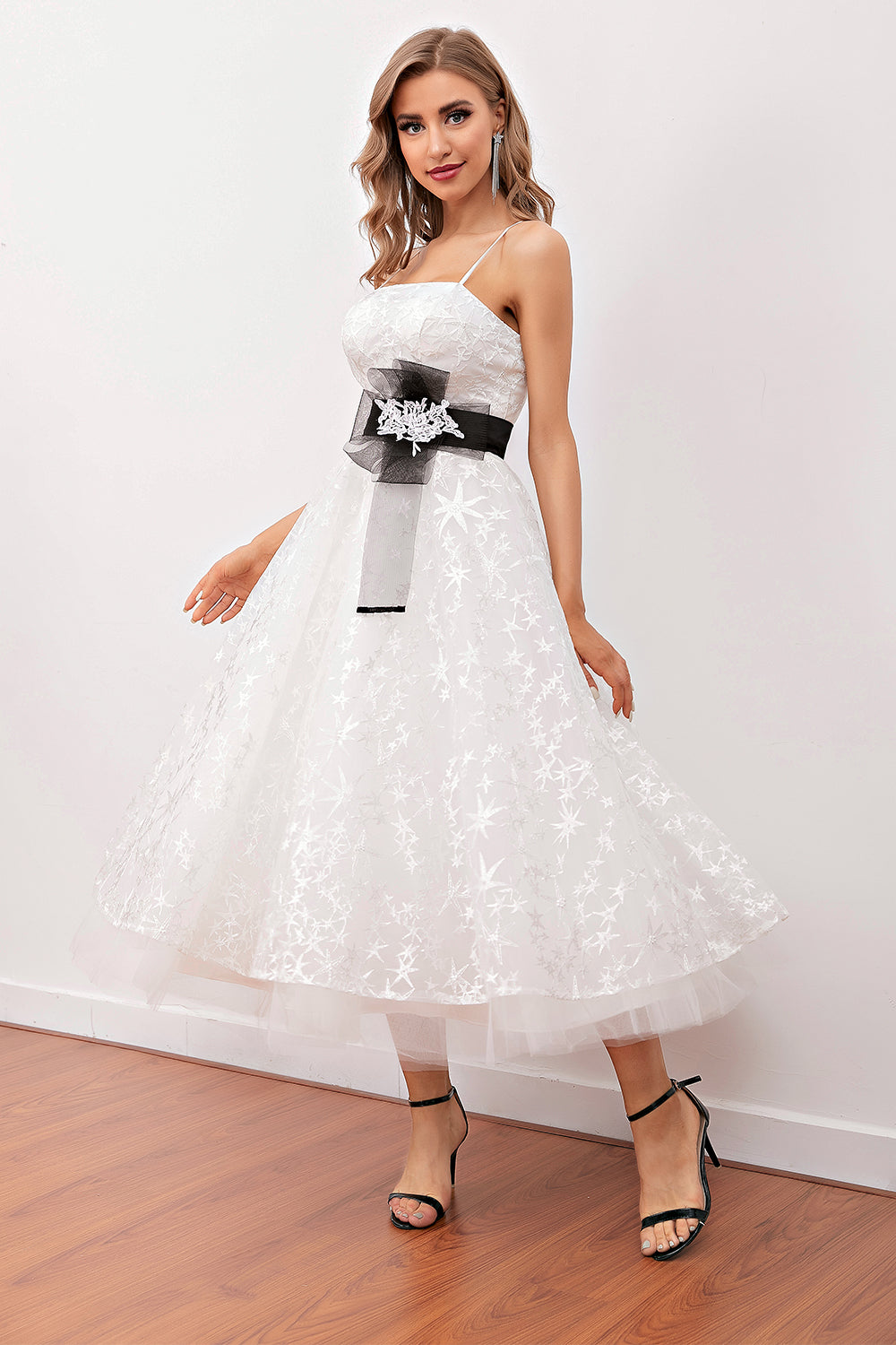 White Lace Midi Prom Dress (Belt Not Included)