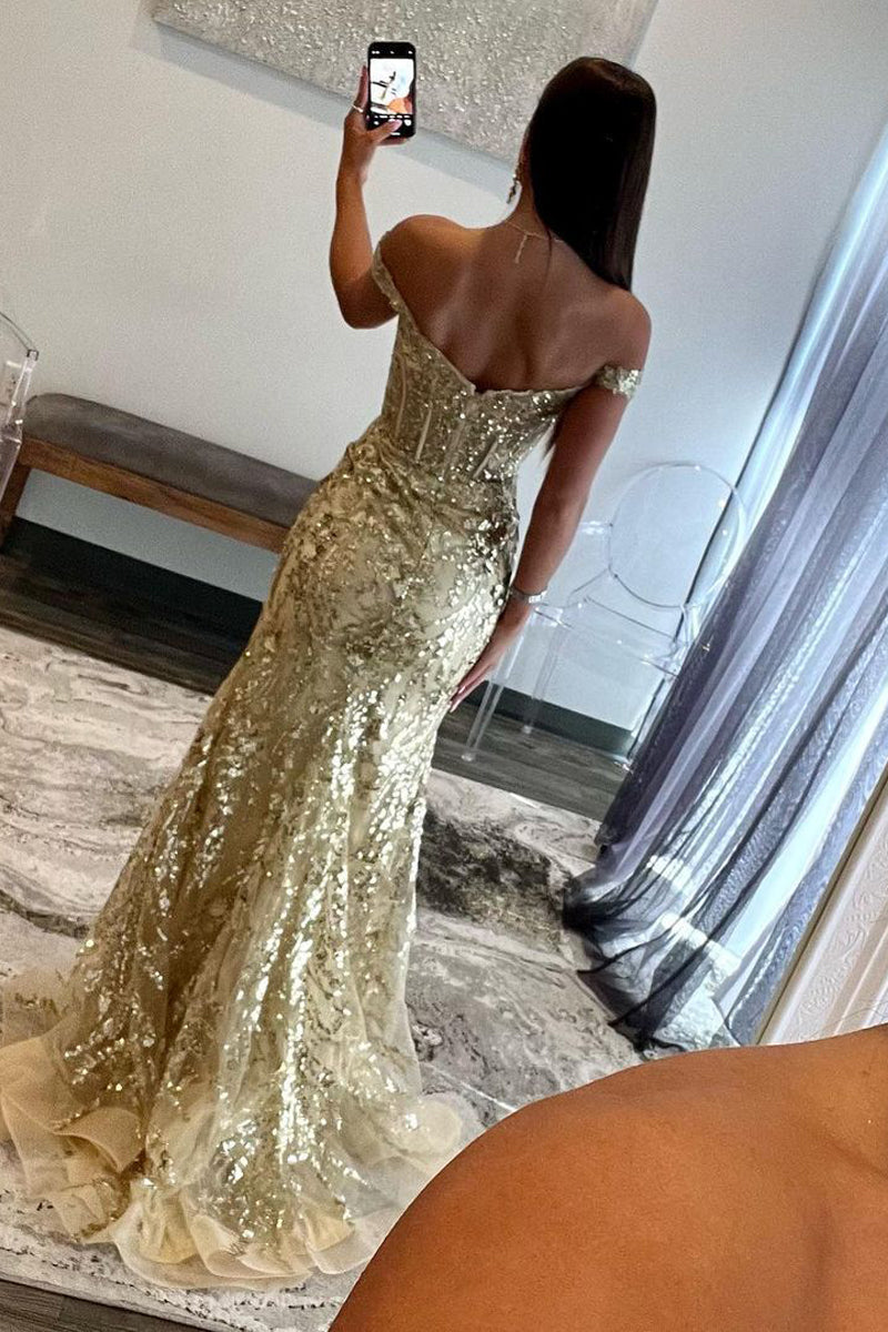 Soleil | Gold Sequin Lace Off the Shoulder Mermaid Prom Dress