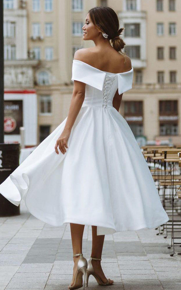 A-Line Satin Tea Length White Off the Shoulder Wedding Dress