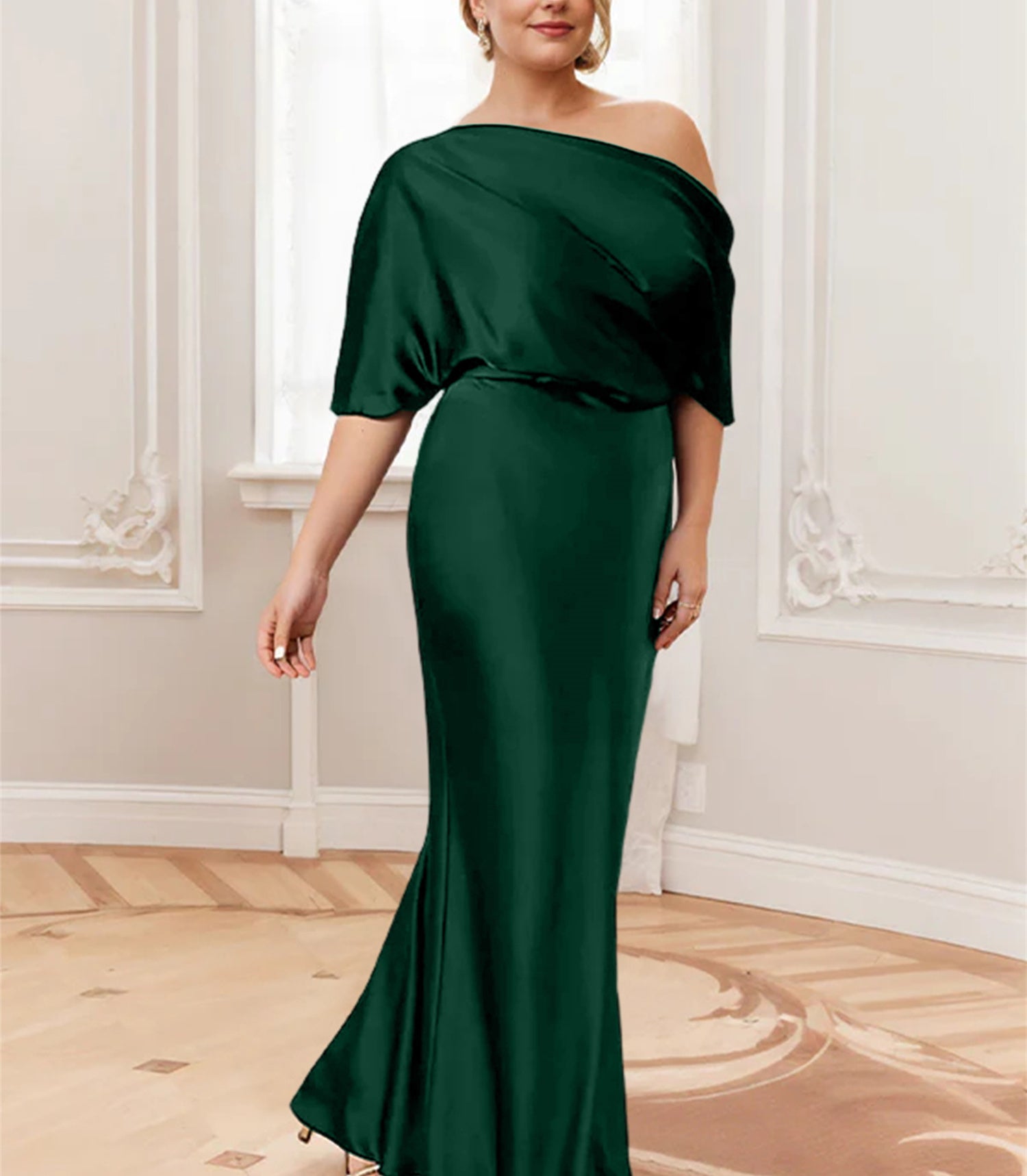 Sheath/Column One-Shoulder Half Sleeves Floor-Length Plus Size Mother of the Bride Dresses