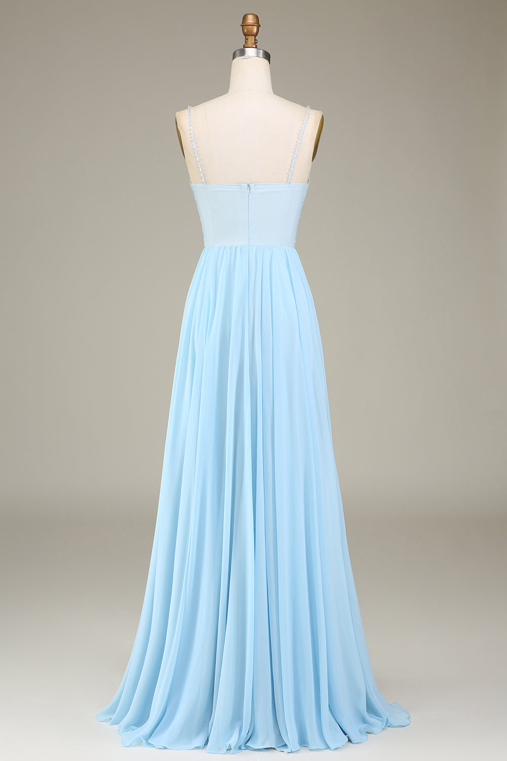 Sky Blue A-Line Spaghetti Straps Chiffon Long Bridesmaid Dress With Beading