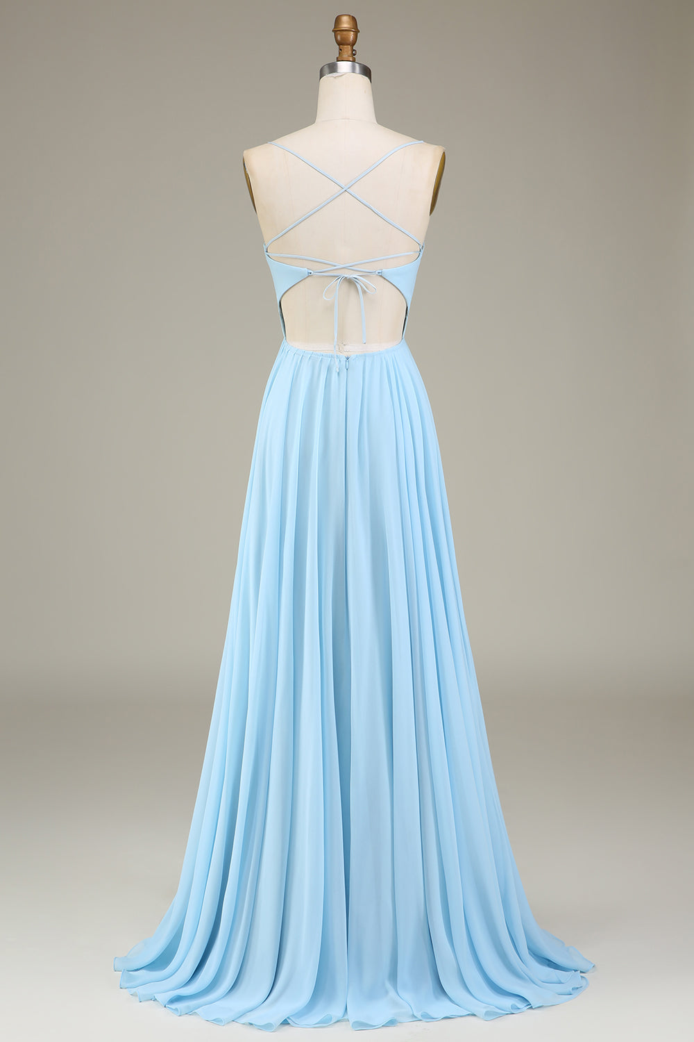 A-Line Spaghetti Straps Sky Blue Chiffon Long Bridesmaid Dress