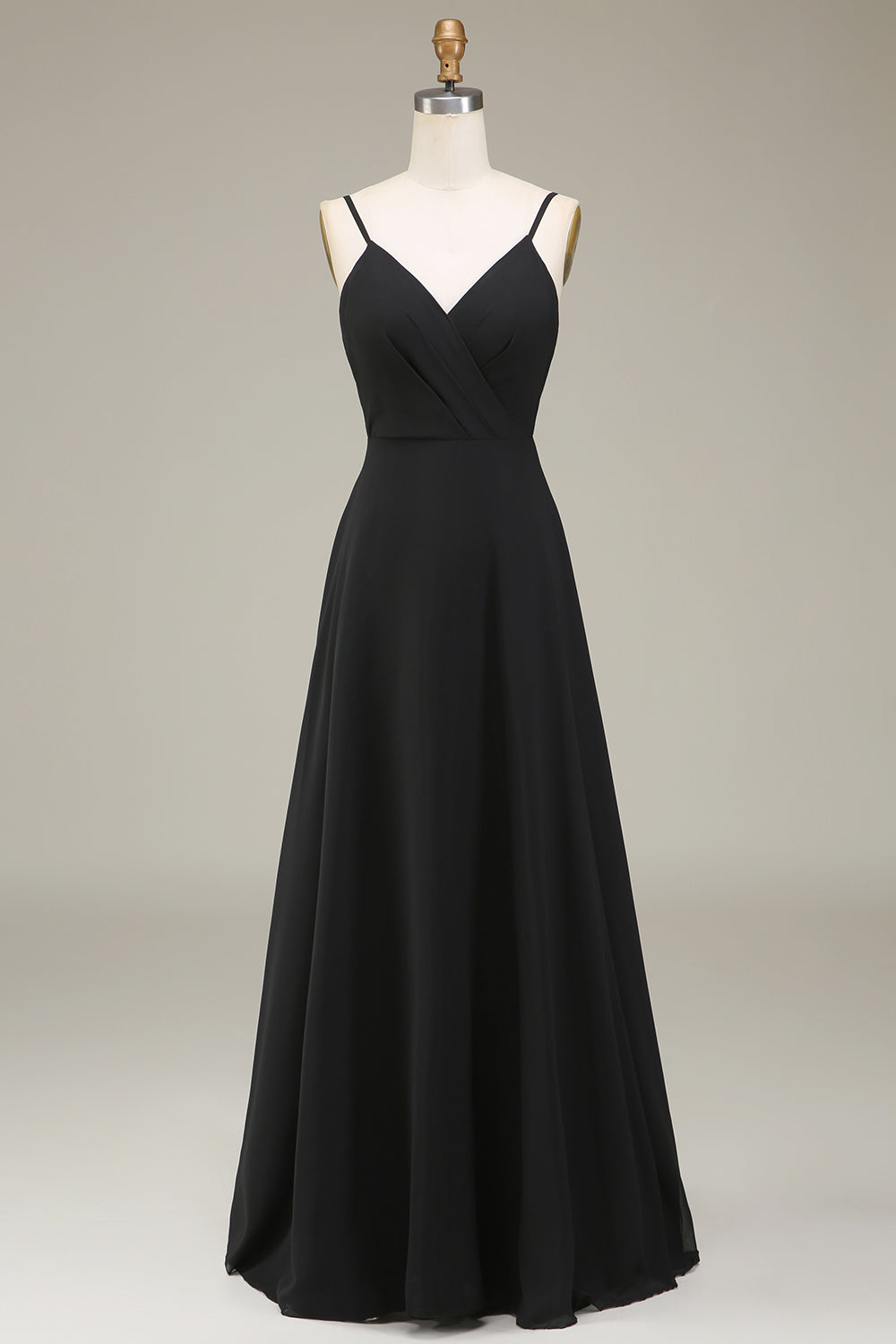 A-Line Spaghetti Straps Black Chiffon Long Bridesmaid Dress